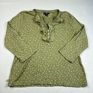 Chaps Henley Ruffle Shirt Green Floral Boho Cottagecore Casual Preppy Top L FLAW